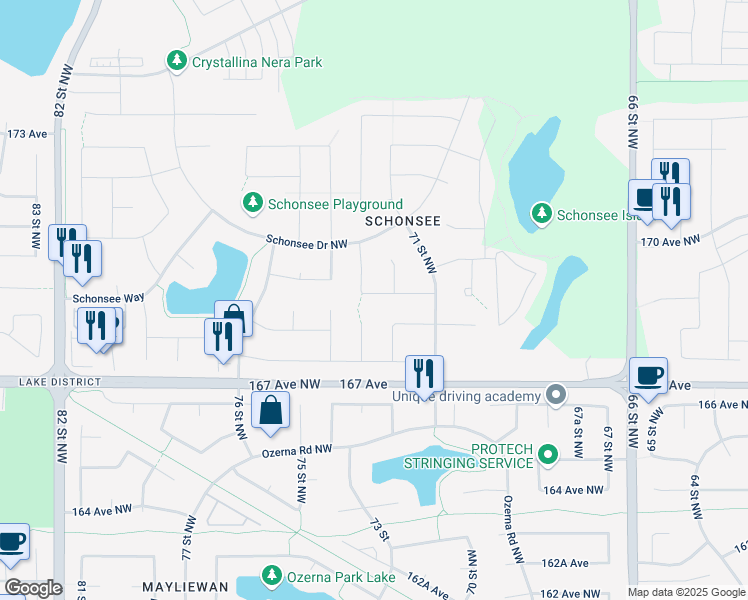 map of restaurants, bars, coffee shops, grocery stores, and more near 7215 170 Avenue Northwest in Edmonton