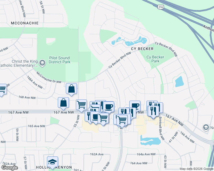 map of restaurants, bars, coffee shops, grocery stores, and more near 5104 168A Avenue Northwest in Edmonton