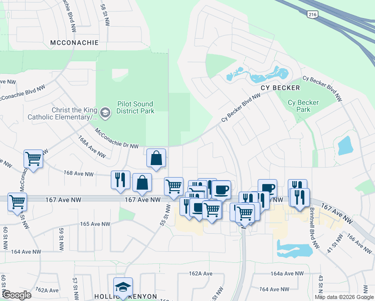 map of restaurants, bars, coffee shops, grocery stores, and more near 16915 54 Street Northwest in Edmonton