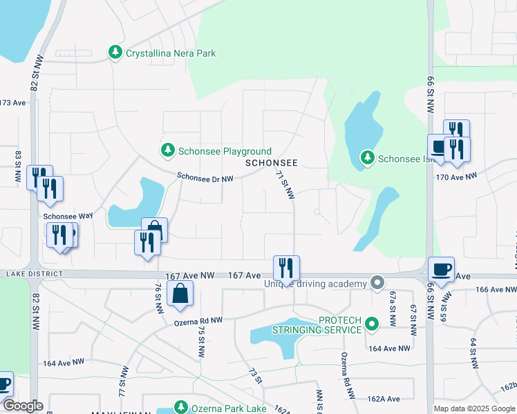map of restaurants, bars, coffee shops, grocery stores, and more near 7215 170 Avenue Northwest in Edmonton