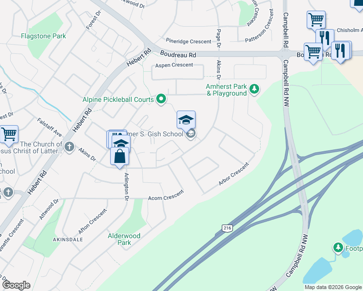map of restaurants, bars, coffee shops, grocery stores, and more near 42 Akinsdale Gardens in St. Albert