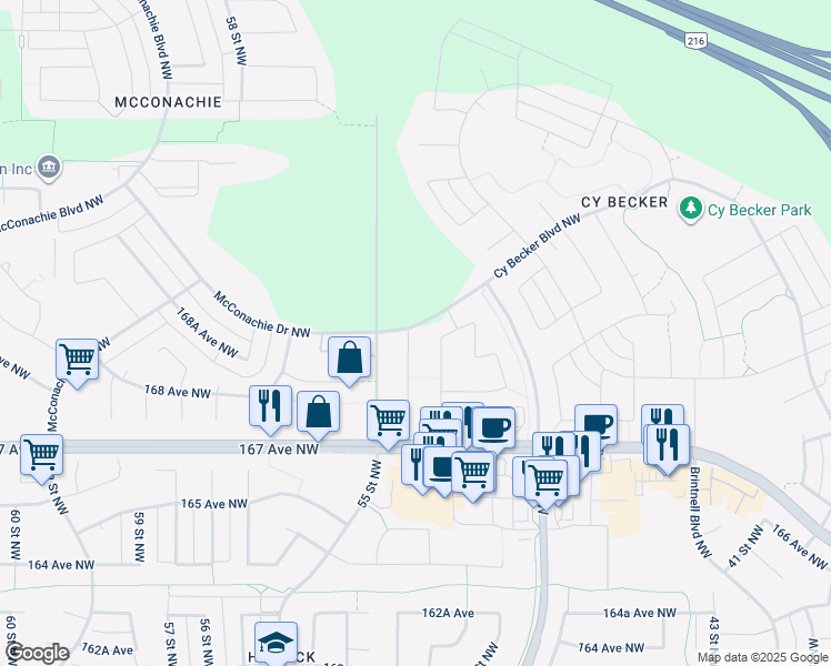 map of restaurants, bars, coffee shops, grocery stores, and more near 16923 54 Street Northwest in Edmonton