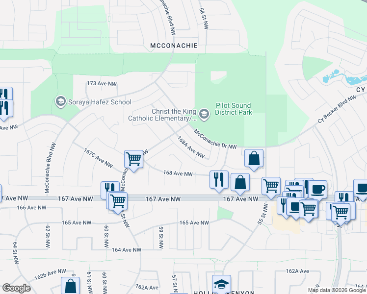 map of restaurants, bars, coffee shops, grocery stores, and more near 16841 58A Street Northwest in Edmonton