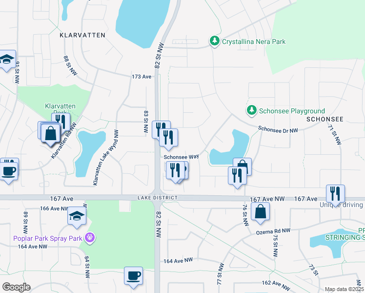 map of restaurants, bars, coffee shops, grocery stores, and more near 6070 Schonsee Way in Edmonton