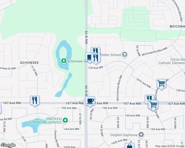 map of restaurants, bars, coffee shops, grocery stores, and more near 6503 170 Avenue Northwest in Edmonton