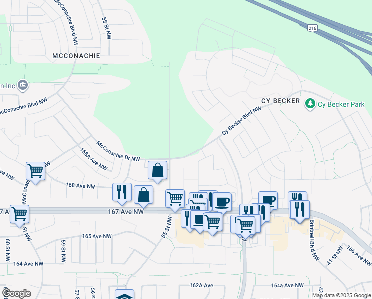 map of restaurants, bars, coffee shops, grocery stores, and more near 16923 54 Street Northwest in Edmonton