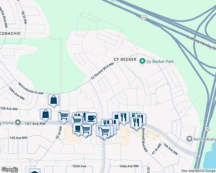 map of restaurants, bars, coffee shops, grocery stores, and more near 853 Cy Becker Drive Northwest in Edmonton