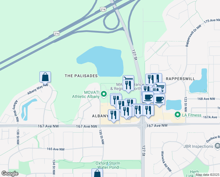 map of restaurants, bars, coffee shops, grocery stores, and more near 171 Albany Drive Northwest in Edmonton