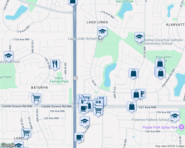 map of restaurants, bars, coffee shops, grocery stores, and more near 17009 95 Street in Edmonton