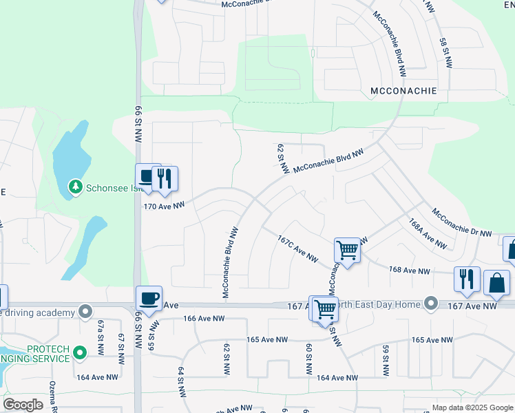 map of restaurants, bars, coffee shops, grocery stores, and more near 973 McConachie Boulevard Northwest in Edmonton