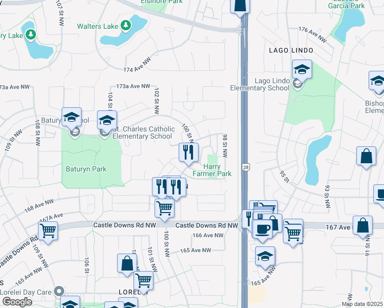 map of restaurants, bars, coffee shops, grocery stores, and more near 17048 100 Street Northwest in Edmonton