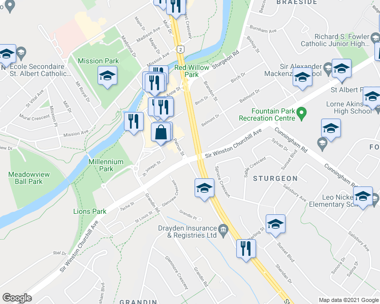 map of restaurants, bars, coffee shops, grocery stores, and more near 1 Perron Street in St. Albert