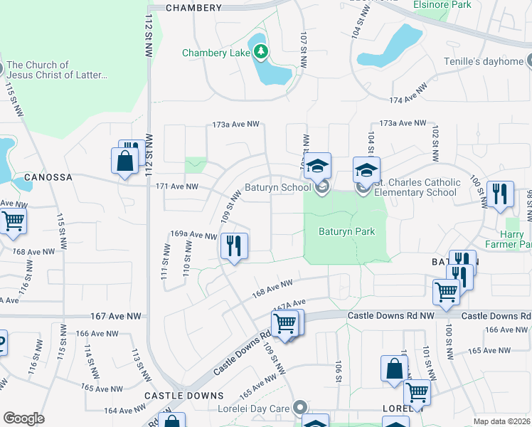 map of restaurants, bars, coffee shops, grocery stores, and more near 17014 108 Street Northwest in Edmonton