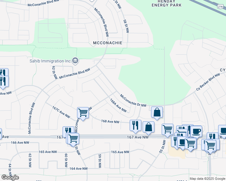 map of restaurants, bars, coffee shops, grocery stores, and more near 265 McConachie Drive Northwest in Edmonton