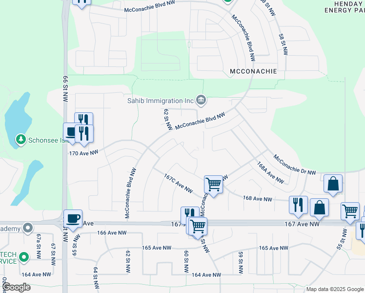 map of restaurants, bars, coffee shops, grocery stores, and more near 6104 171 Avenue Northwest in Edmonton