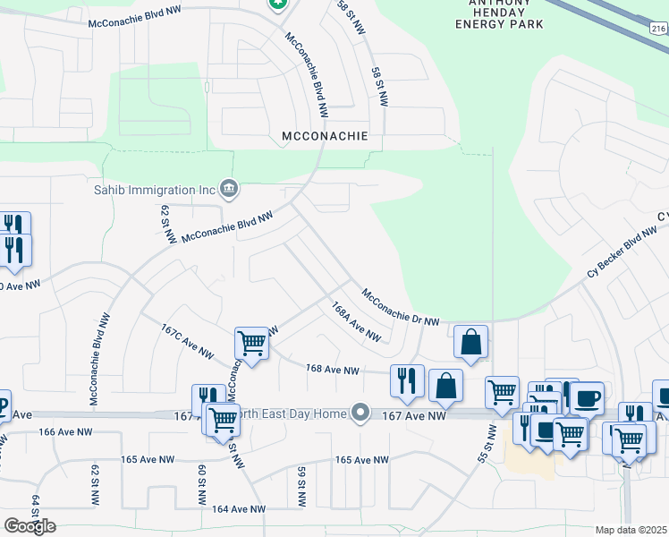 map of restaurants, bars, coffee shops, grocery stores, and more near 265 McConachie Drive Northwest in Edmonton