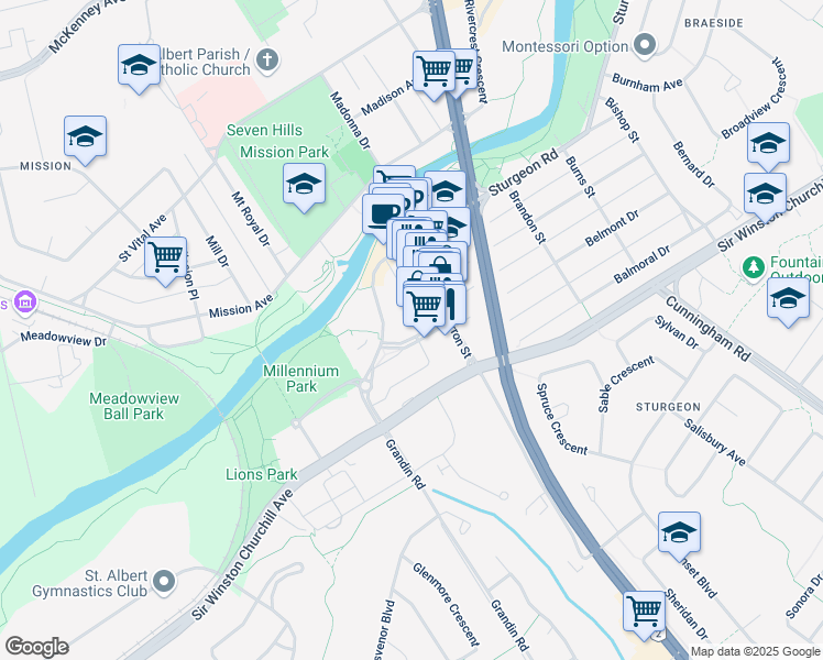 map of restaurants, bars, coffee shops, grocery stores, and more near 37 Saint Thomas Street in St. Albert