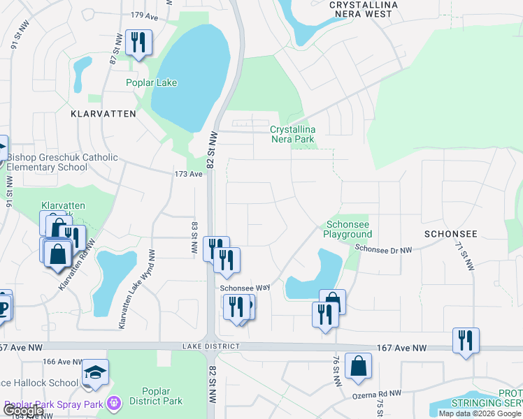 map of restaurants, bars, coffee shops, grocery stores, and more near 7904 173 Avenue Northwest in Edmonton