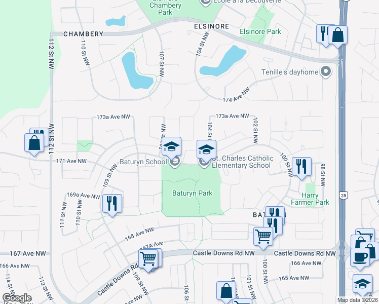 map of restaurants, bars, coffee shops, grocery stores, and more near 10476 172 Avenue Northwest in Edmonton