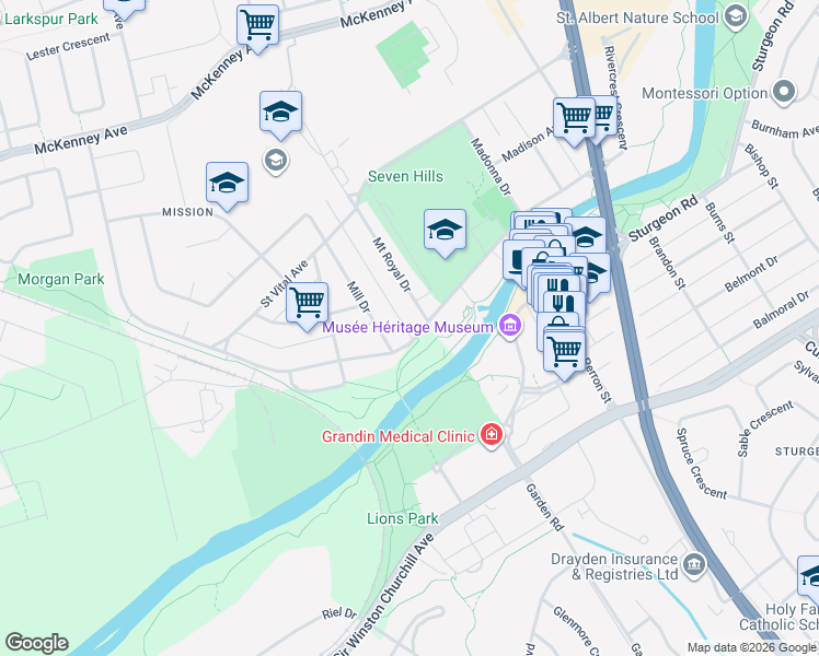map of restaurants, bars, coffee shops, grocery stores, and more near 23 Mission Avenue in St. Albert