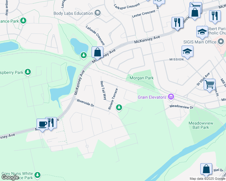 map of restaurants, bars, coffee shops, grocery stores, and more near 34 Riviere Terrace in St. Albert