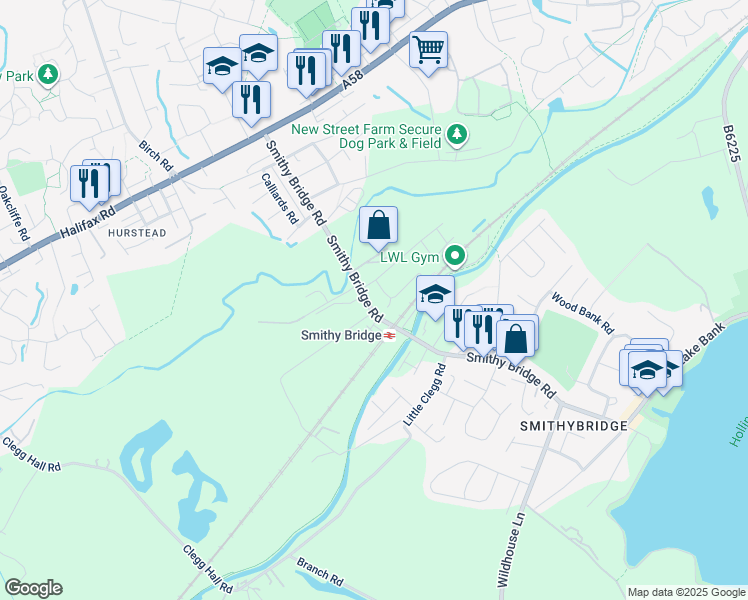 map of restaurants, bars, coffee shops, grocery stores, and more near Smithy Bridge Road in Greater Manchester