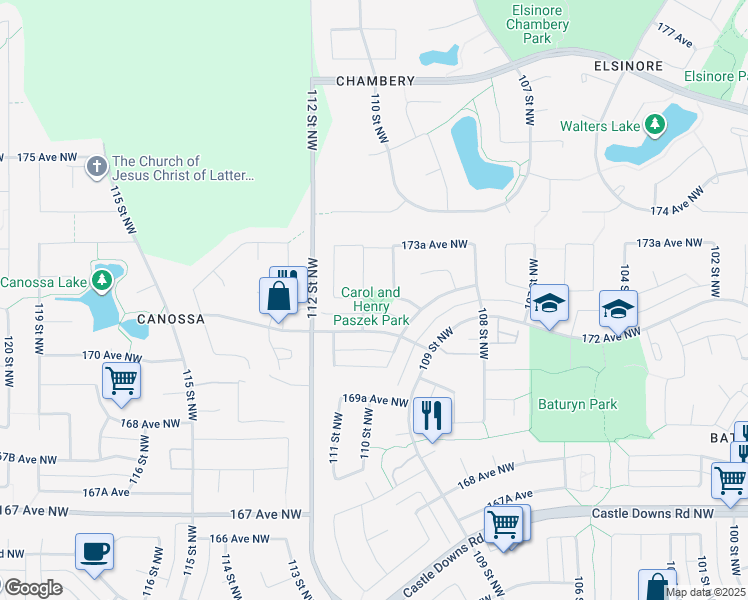 map of restaurants, bars, coffee shops, grocery stores, and more near 11023 172 Avenue Northwest in Edmonton