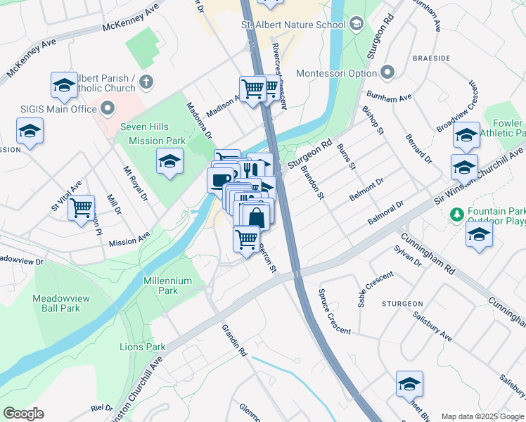 map of restaurants, bars, coffee shops, grocery stores, and more near 13A Perron Street in St. Albert