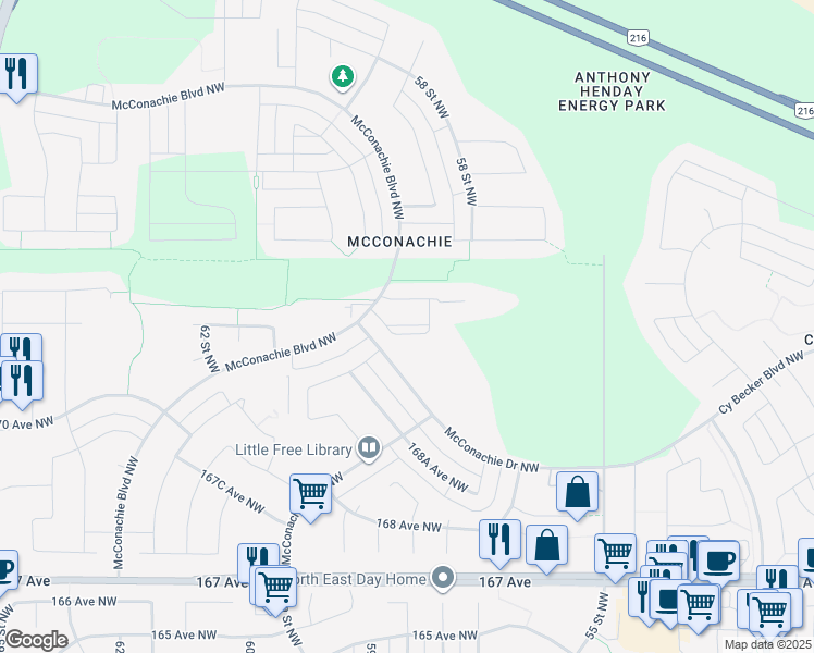 map of restaurants, bars, coffee shops, grocery stores, and more near 274 McConachie Drive Northwest in Edmonton