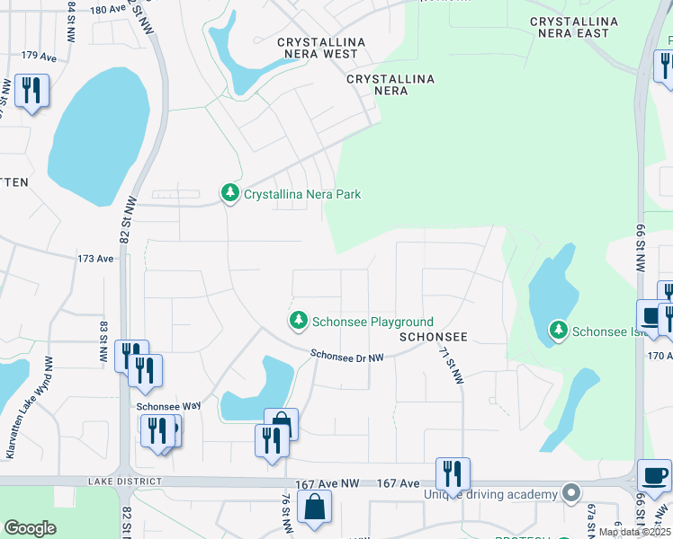 map of restaurants, bars, coffee shops, grocery stores, and more near 7536 174 Avenue Northwest in Edmonton