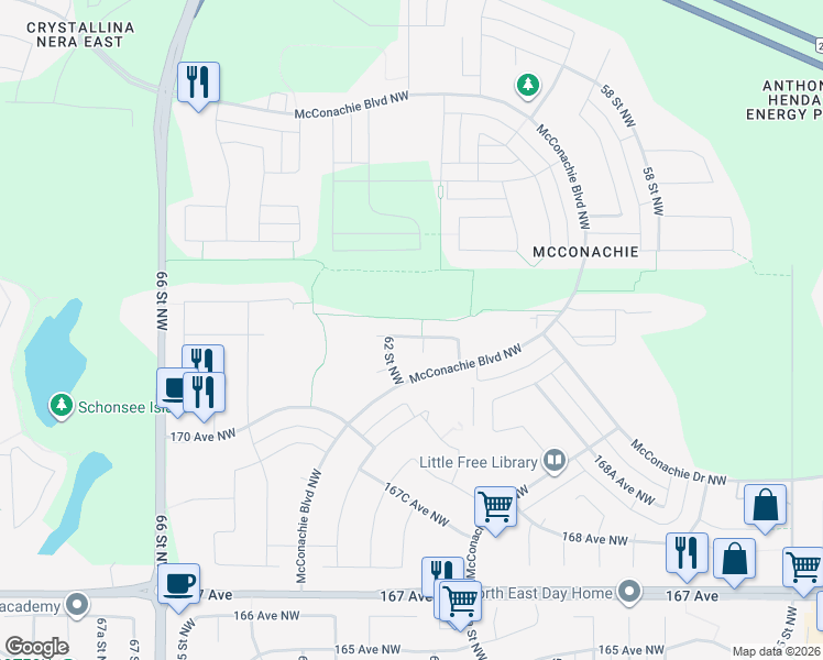 map of restaurants, bars, coffee shops, grocery stores, and more near 6112 173 Avenue Northwest in Edmonton