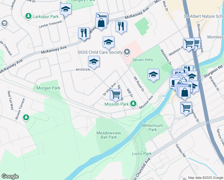 map of restaurants, bars, coffee shops, grocery stores, and more near 22 Saint Vital Avenue in St. Albert