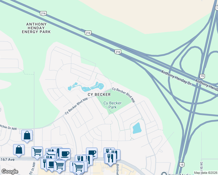 map of restaurants, bars, coffee shops, grocery stores, and more near 1028 Cy Becker Road Northwest in Edmonton