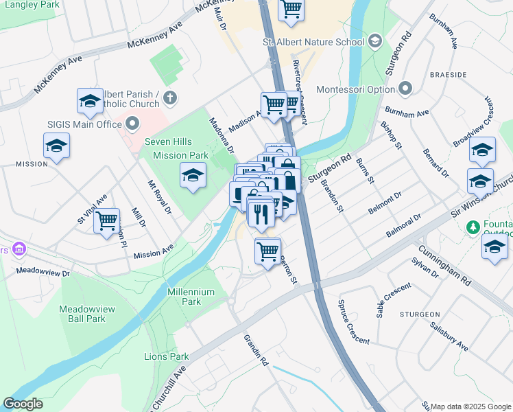 map of restaurants, bars, coffee shops, grocery stores, and more near in St. Albert