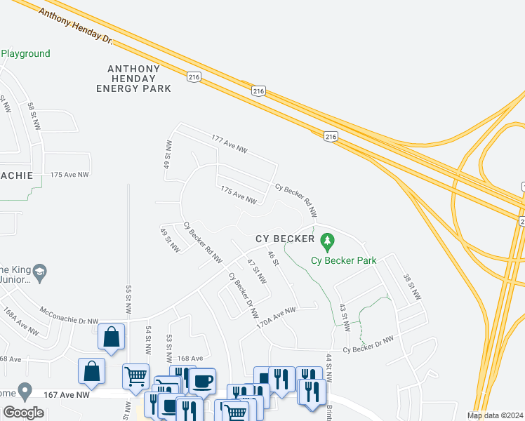 map of restaurants, bars, coffee shops, grocery stores, and more near 4619 175 Avenue Northwest in Edmonton