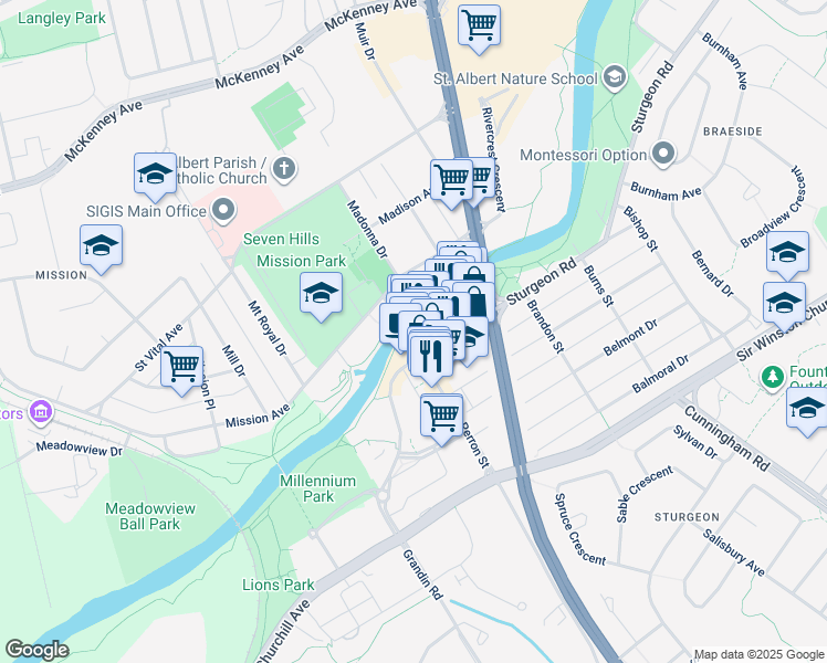 map of restaurants, bars, coffee shops, grocery stores, and more near 31 Perron Street in St. Albert