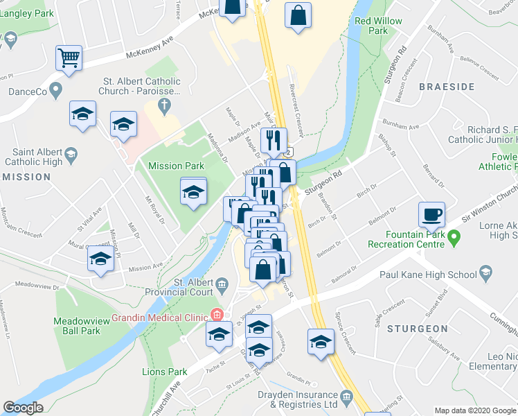 map of restaurants, bars, coffee shops, grocery stores, and more near 31 Perron Street in St. Albert
