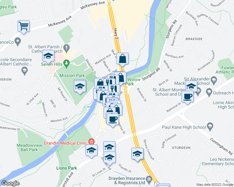 map of restaurants, bars, coffee shops, grocery stores, and more near 11 Saint Anne Street in St. Albert