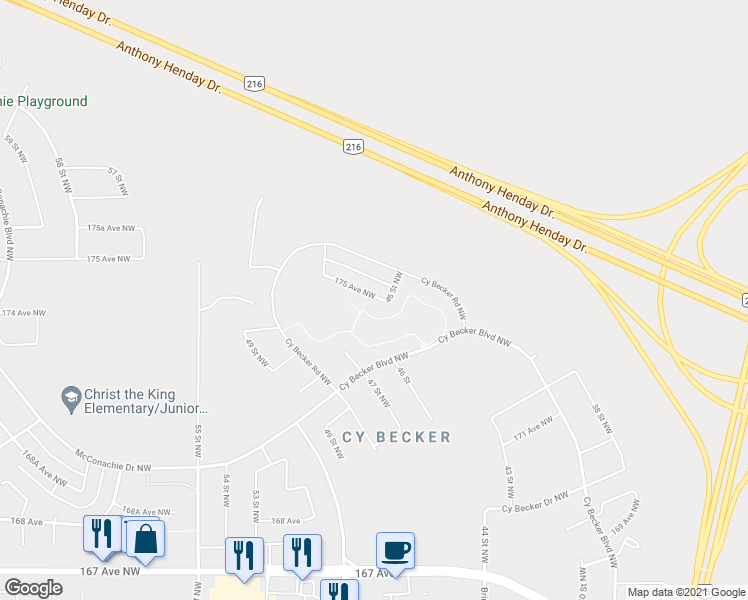 map of restaurants, bars, coffee shops, grocery stores, and more near 4619 175 Avenue Northwest in Edmonton