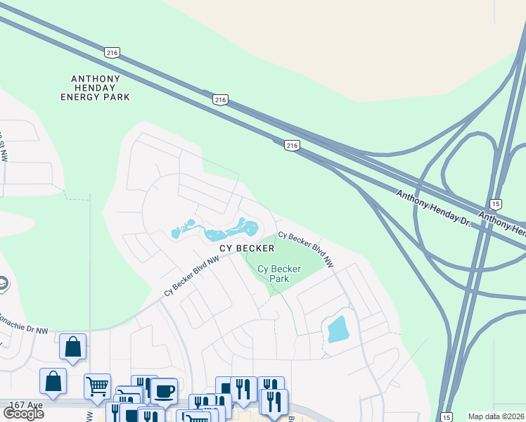 map of restaurants, bars, coffee shops, grocery stores, and more near 1028 Cy Becker Road Northwest in Edmonton