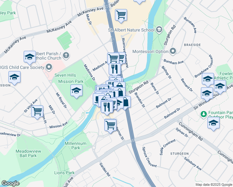 map of restaurants, bars, coffee shops, grocery stores, and more near 11 Saint Anne Street in St. Albert
