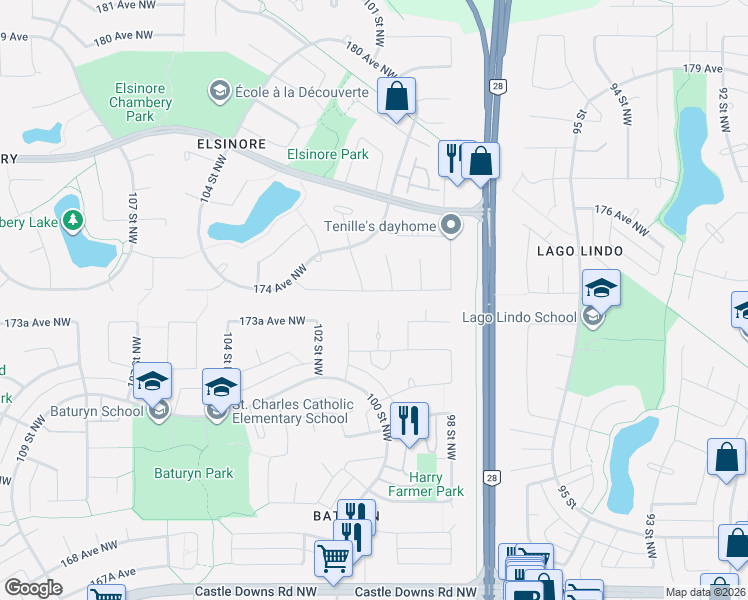 map of restaurants, bars, coffee shops, grocery stores, and more near 17315 101 Street Northwest in Edmonton
