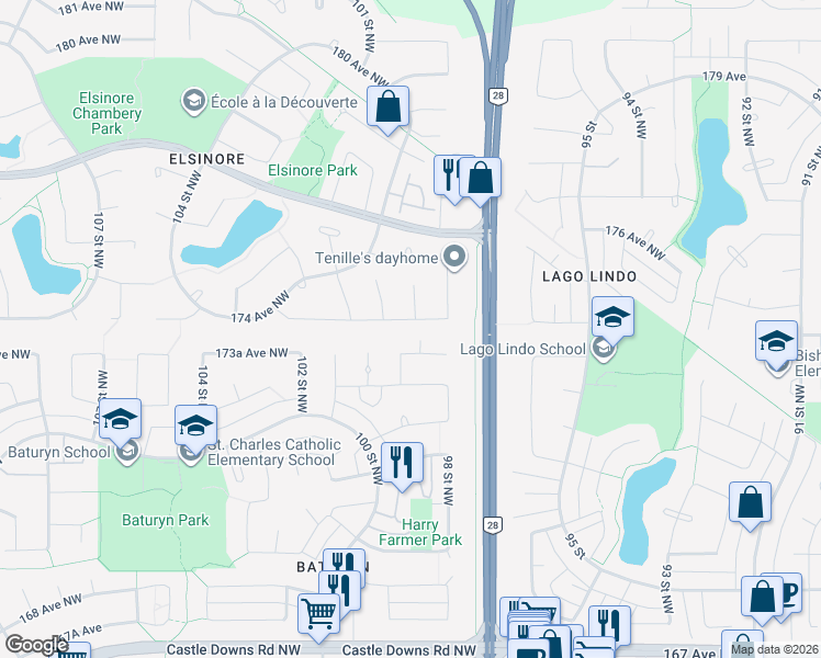 map of restaurants, bars, coffee shops, grocery stores, and more near 17336 98 Street Northwest in Edmonton
