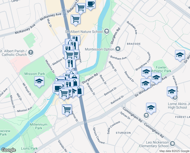 map of restaurants, bars, coffee shops, grocery stores, and more near 24 Sturgeon Road in St. Albert