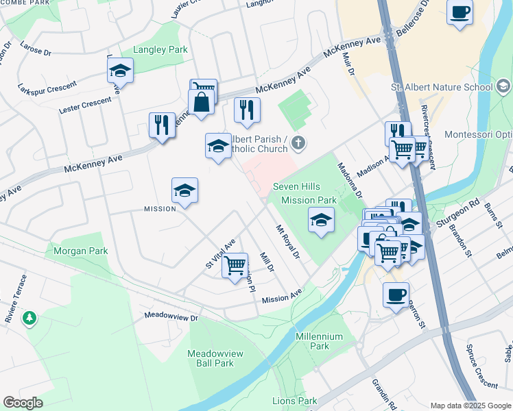map of restaurants, bars, coffee shops, grocery stores, and more near 2 Mont Clare Place in St. Albert