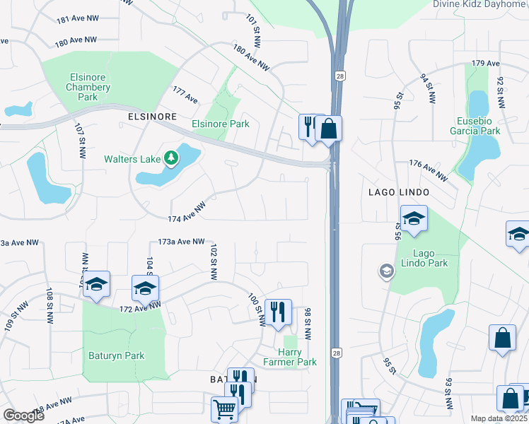 map of restaurants, bars, coffee shops, grocery stores, and more near 17310 B 97 Street Northwest in Edmonton