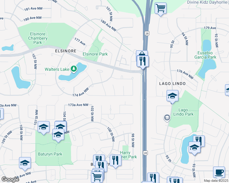 map of restaurants, bars, coffee shops, grocery stores, and more near 17310 B 97 Street Northwest in Edmonton