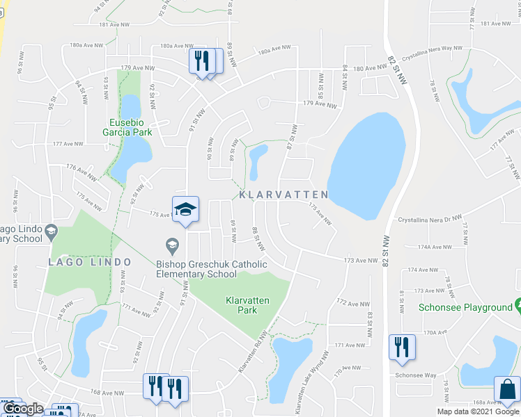 map of restaurants, bars, coffee shops, grocery stores, and more near 17423 88 Street Northwest in Edmonton