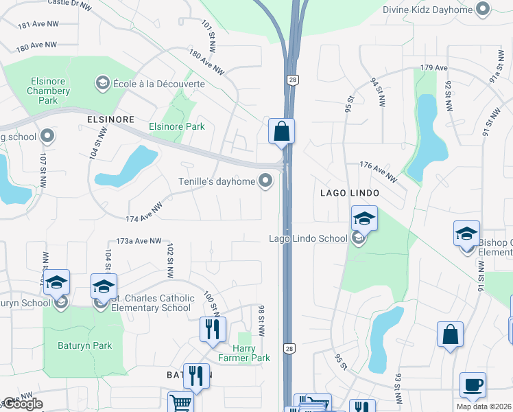 map of restaurants, bars, coffee shops, grocery stores, and more near 17336 98 Street Northwest in Edmonton