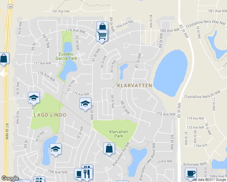 map of restaurants, bars, coffee shops, grocery stores, and more near 17451 89 Street Northwest in Edmonton